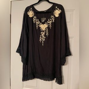 Black and Beige Blouse with Flower Embroidery